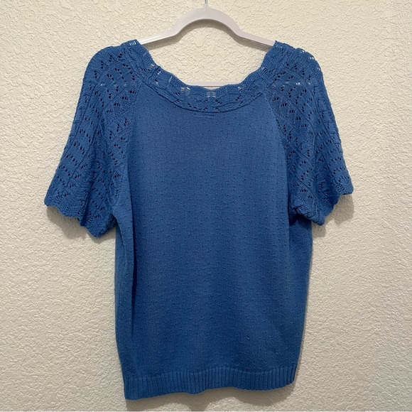 Womens Blue Short Sleeve Crochet Boho Beach Top Blouse Size L - Picture 4 of 8